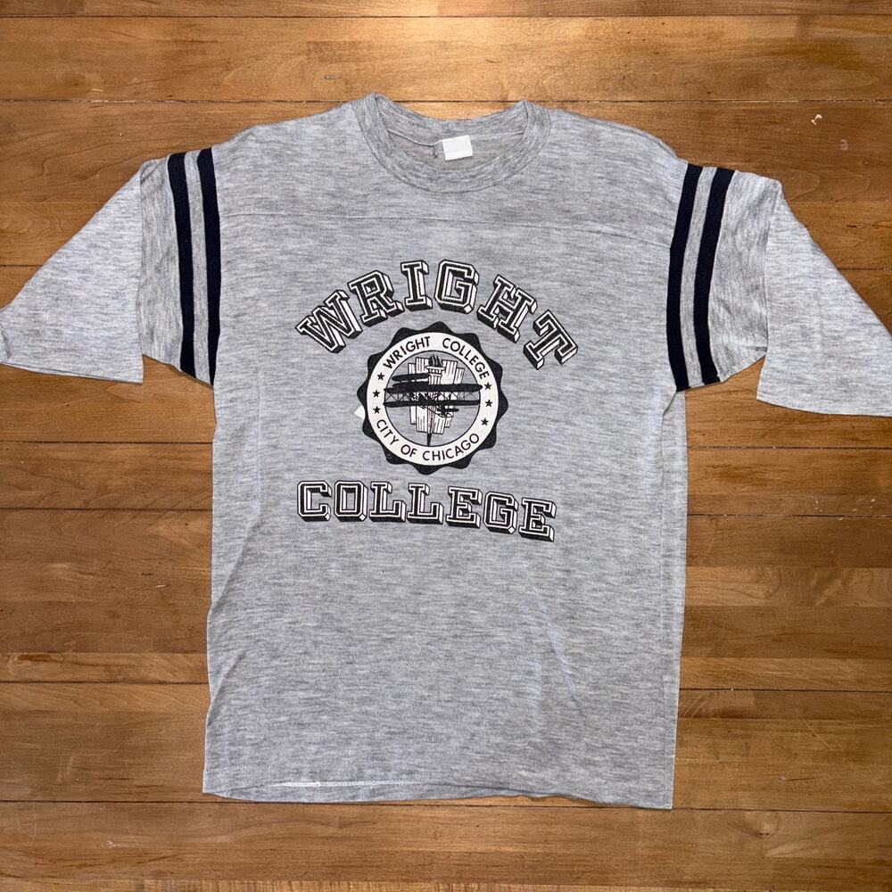 Vintage 70s 80s Wright College Chicago Ringer T Shirt Gray Graphic Tee Medium